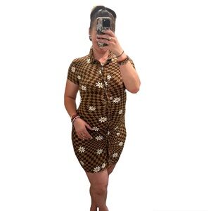 No Boundaries Brown Button-Up Shirt Dress with White Daisies - Size Medium